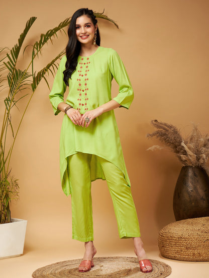 Lime Green Embroidered High Low Kurta With Pants