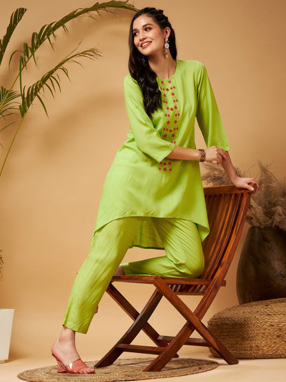 Lime Green Embroidered High Low Kurta With Pants