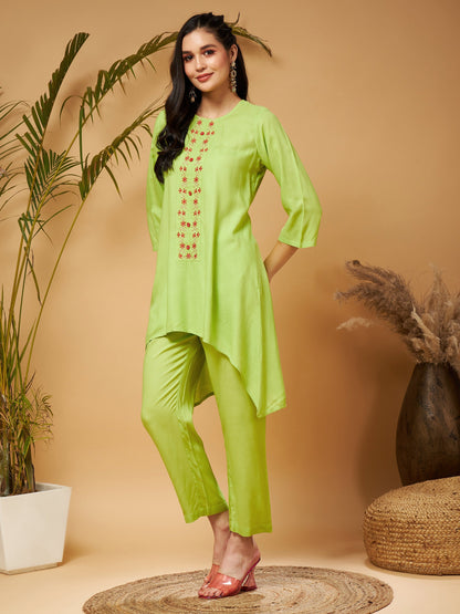 Lime Green Embroidered High Low Kurta With Pants