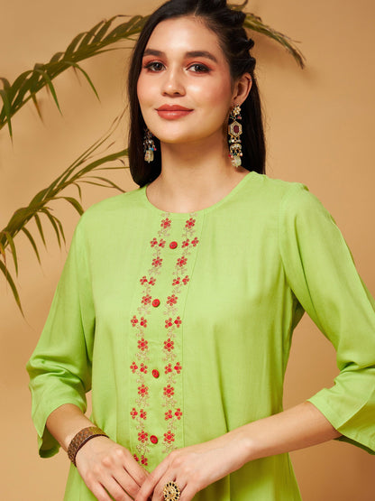 Lime Green Embroidered High Low Kurta With Pants