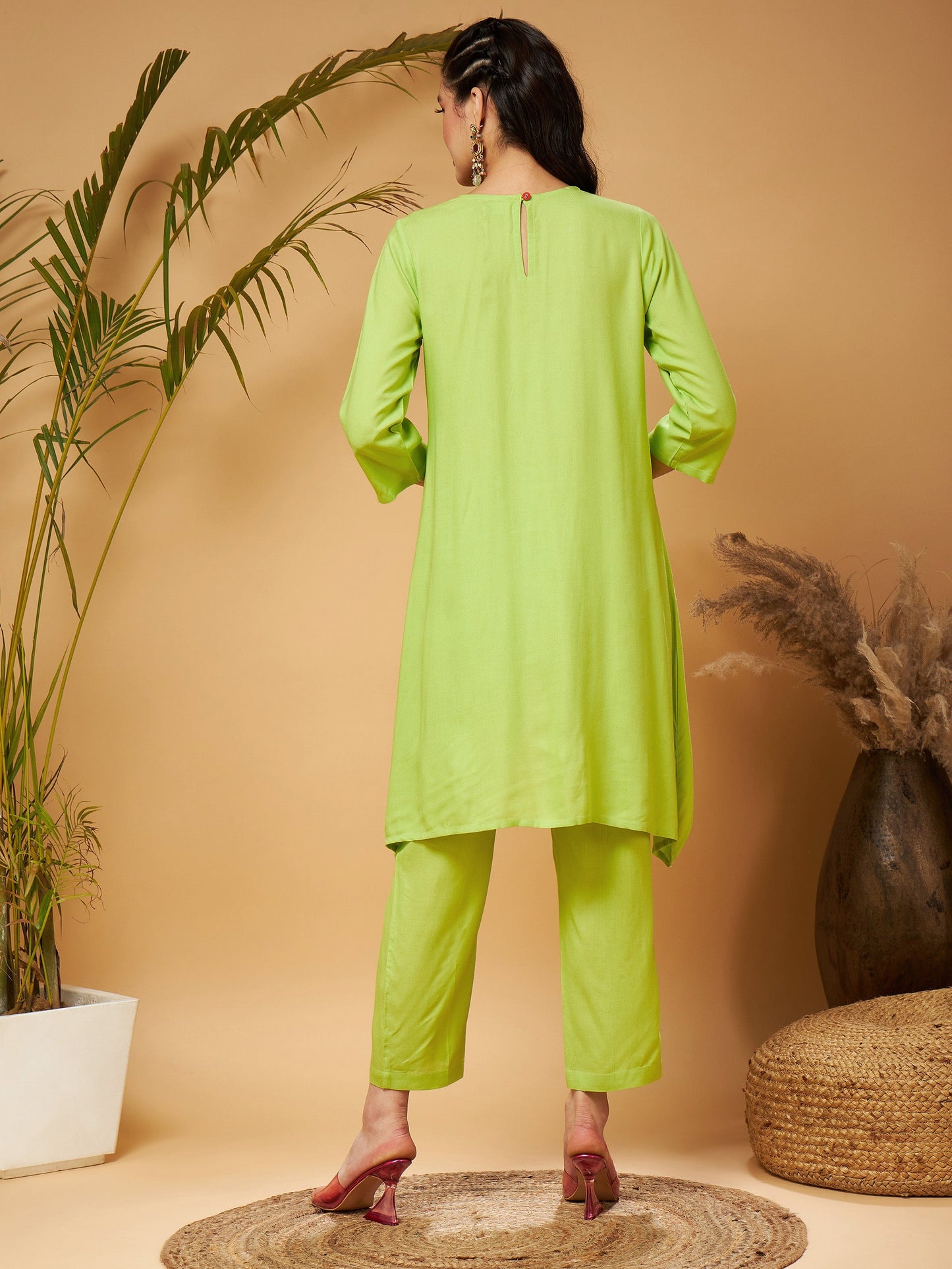 Lime Green Embroidered High Low Kurta With Pants