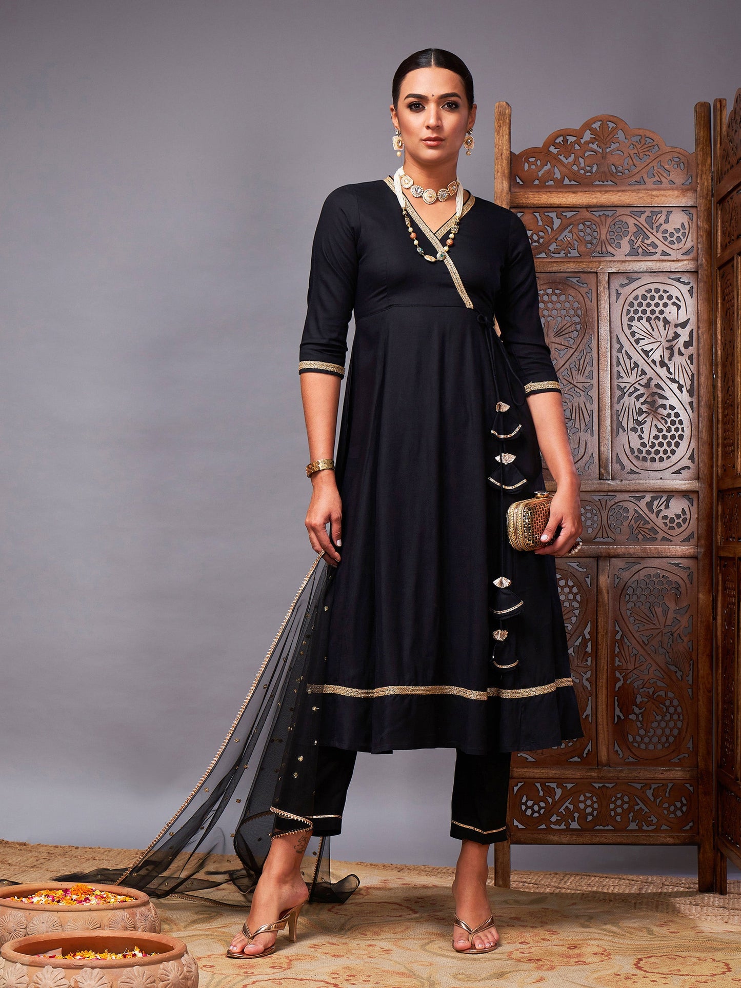 Black Kurta Set With Net Sequins Dupatta