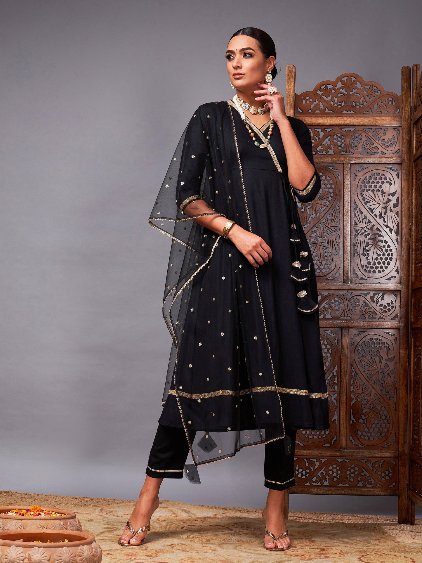 Black Kurta Set With Net Sequins Dupatta