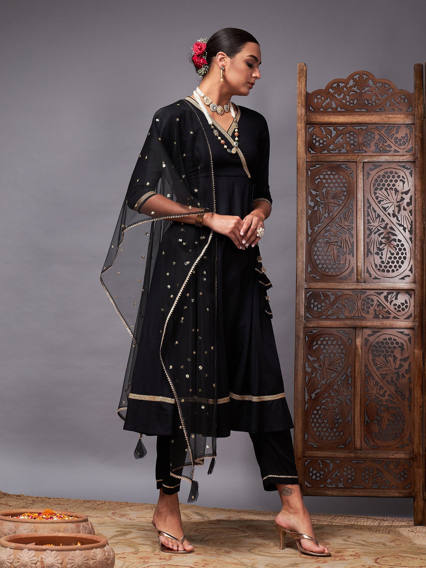 Black Kurta Set With Net Sequins Dupatta