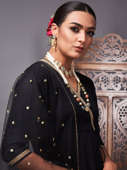 Black Kurta Set With Net Sequins Dupatta