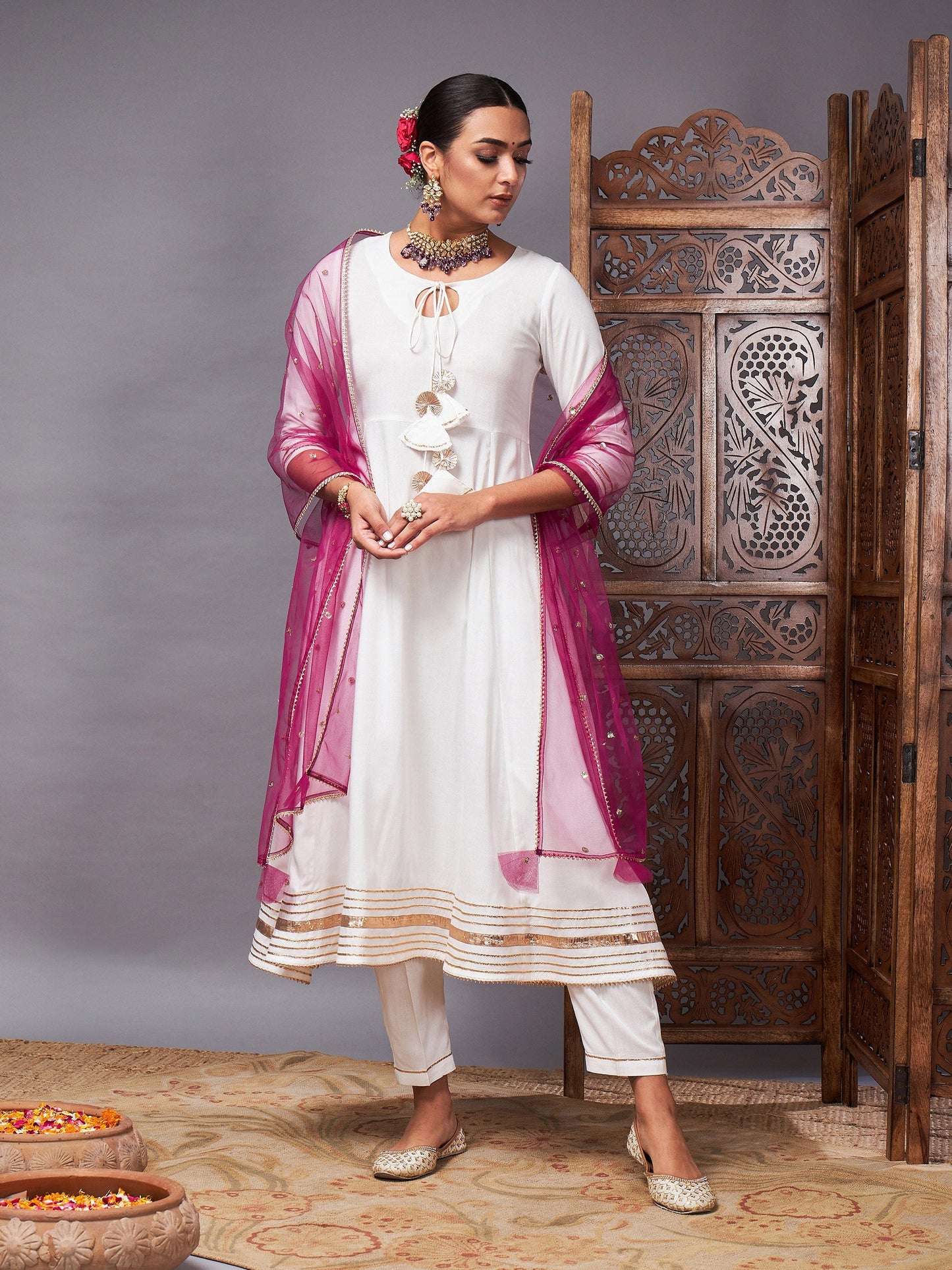 Off White Kurta Set With Burgundy Net Sequins Dupatta