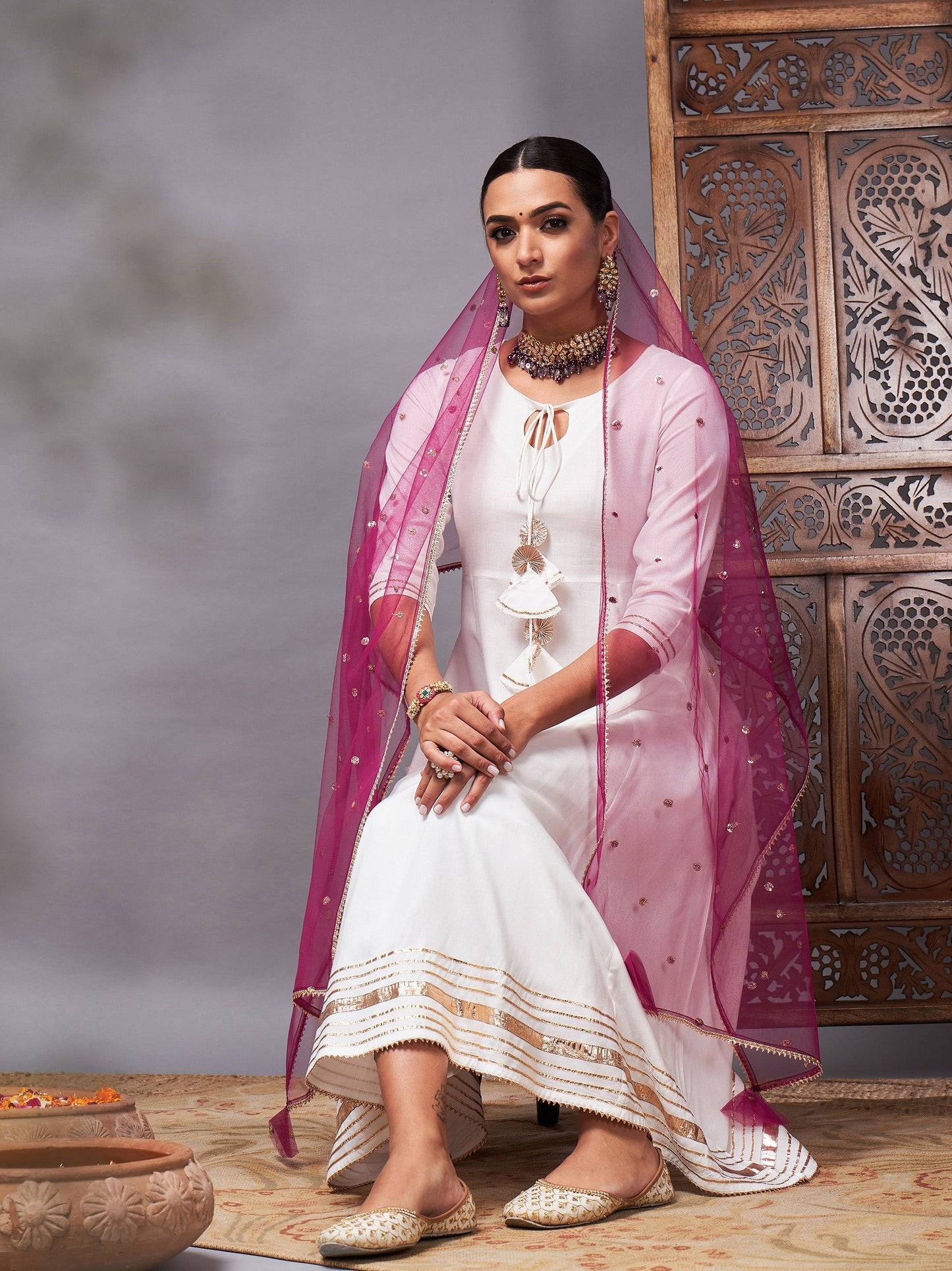Off White Kurta Set With Burgundy Net Sequins Dupatta