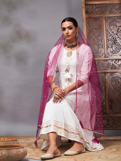 Off White Kurta Set With Burgundy Net Sequins Dupatta