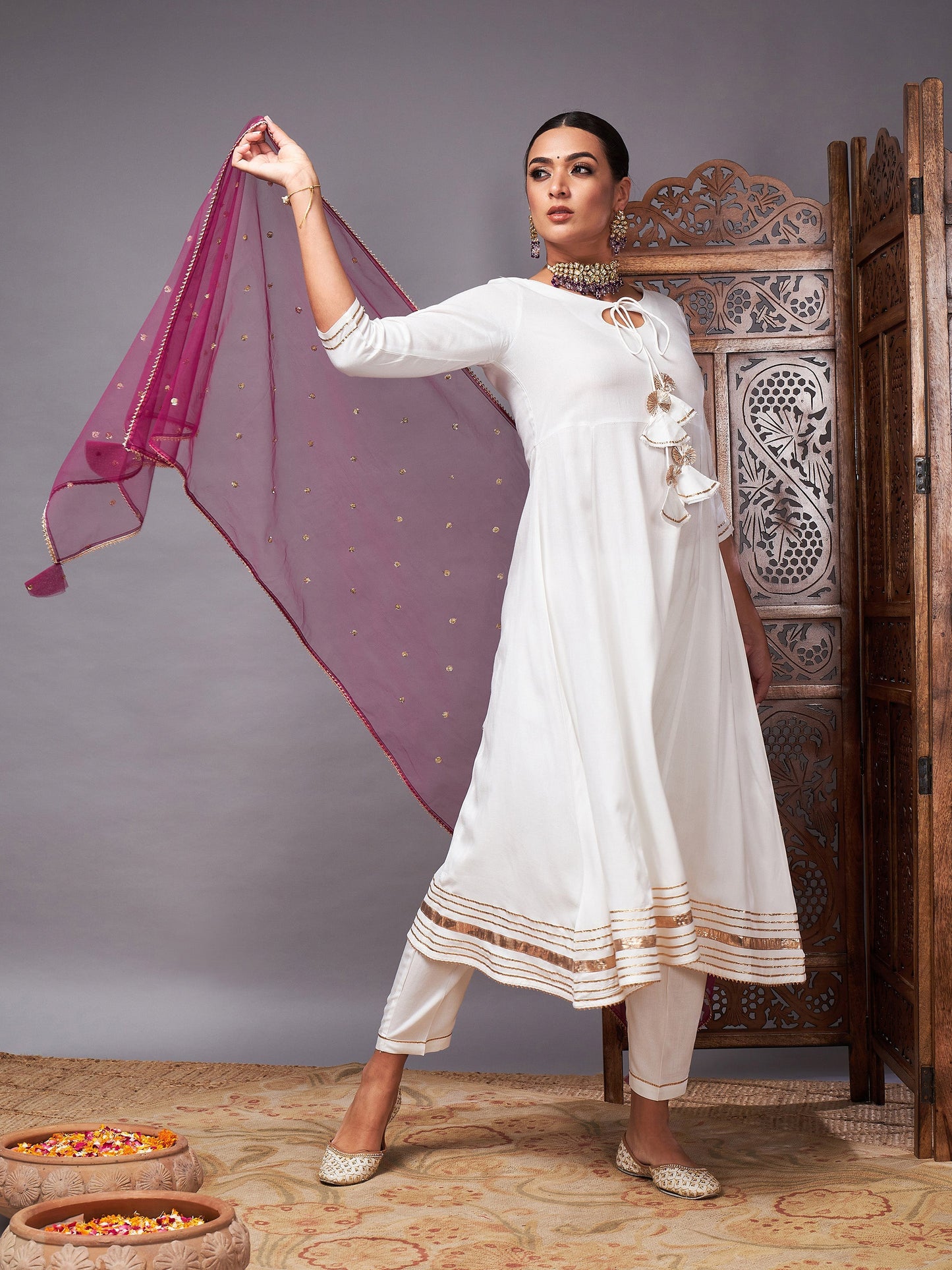 Off White Kurta Set With Burgundy Net Sequins Dupatta