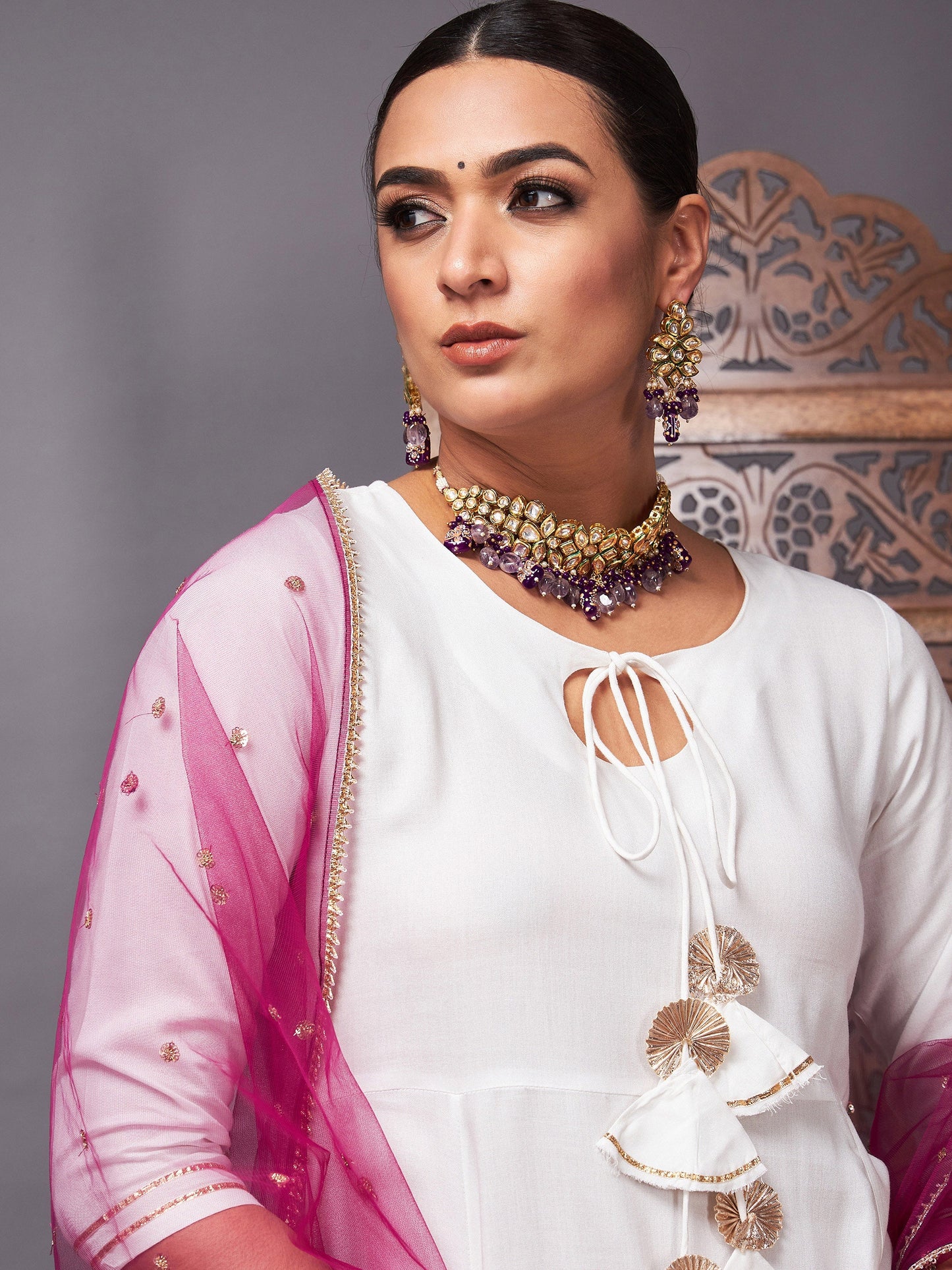 Off White Kurta Set With Burgundy Net Sequins Dupatta