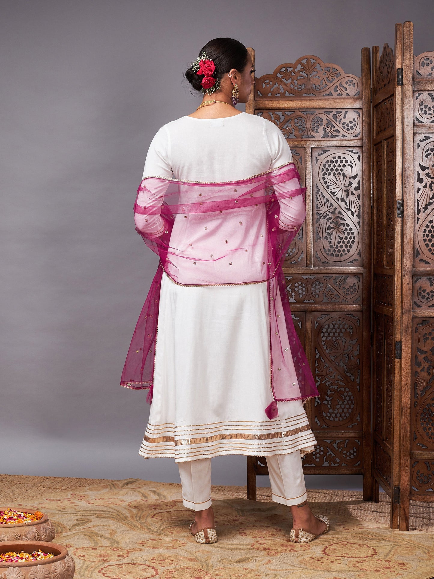 Off White Kurta Set With Burgundy Net Sequins Dupatta