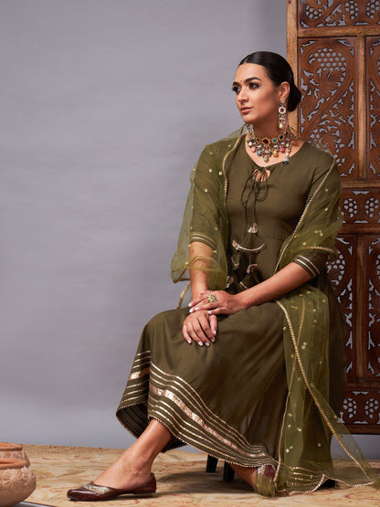 Olive Kurta Set With Net Sequins Dupatta