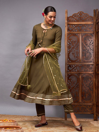 Olive Kurta Set With Net Sequins Dupatta