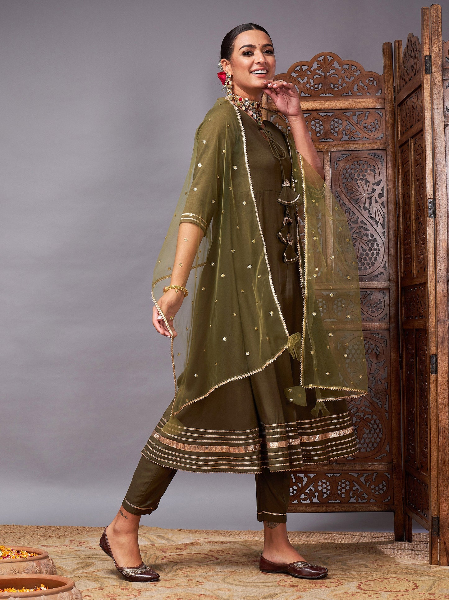 Olive Kurta Set With Net Sequins Dupatta