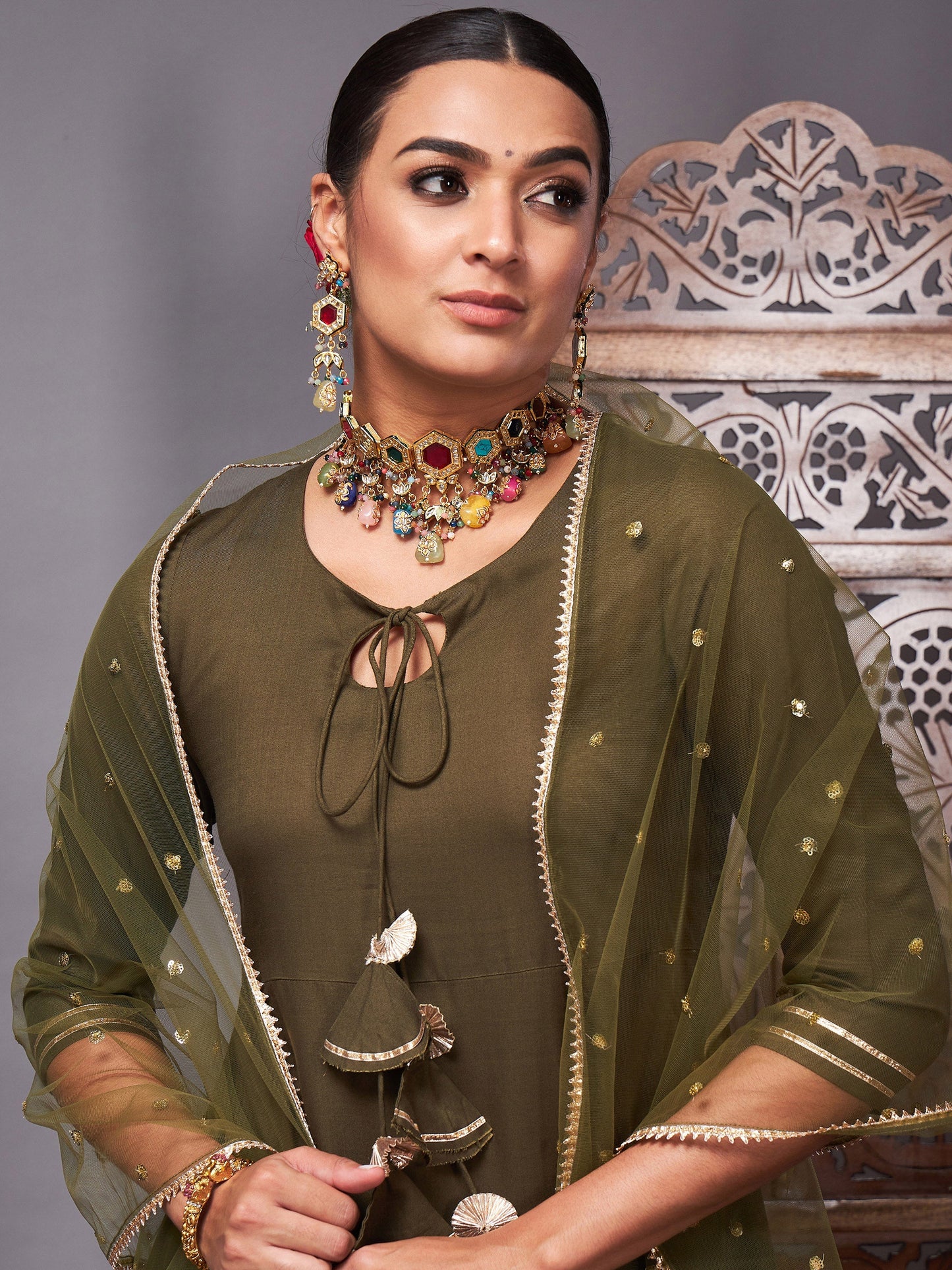 Olive Kurta Set With Net Sequins Dupatta