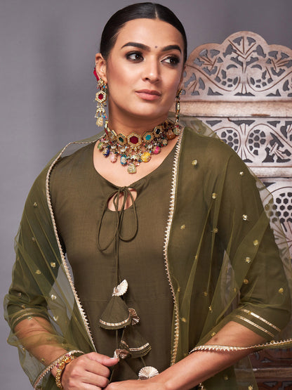 Olive Kurta Set With Net Sequins Dupatta