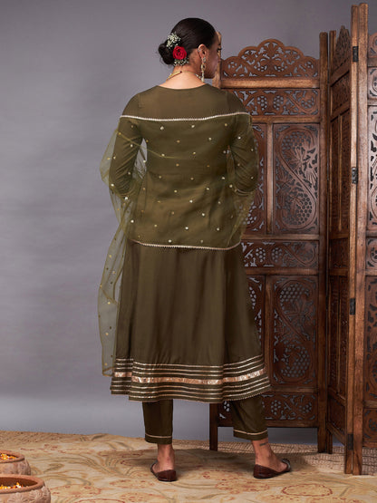 Olive Kurta Set With Net Sequins Dupatta