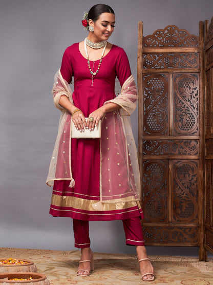 Burgundy Kurta Set With Golden Net Sequins Dupatta