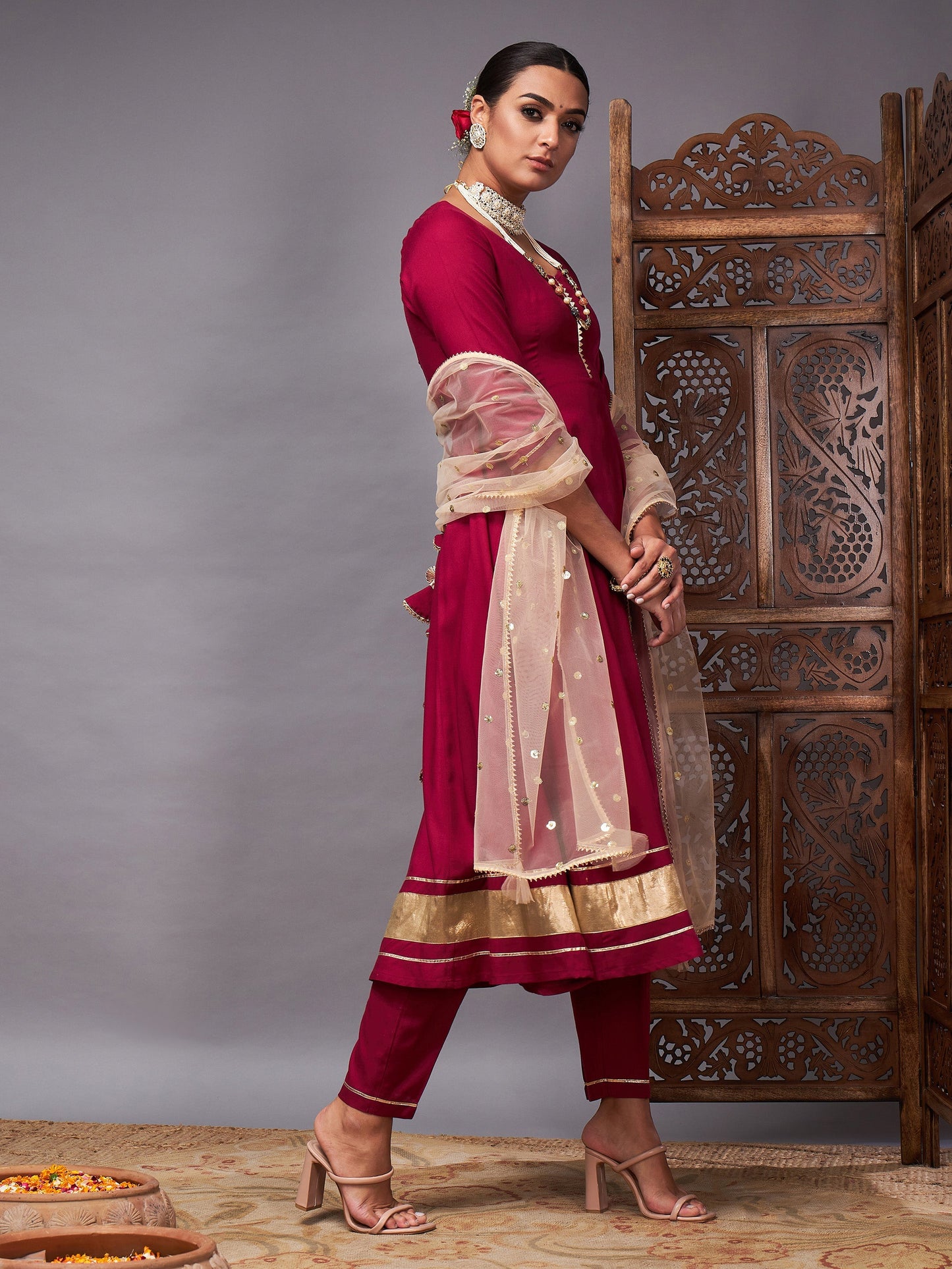 Burgundy Kurta Set With Golden Net Sequins Dupatta