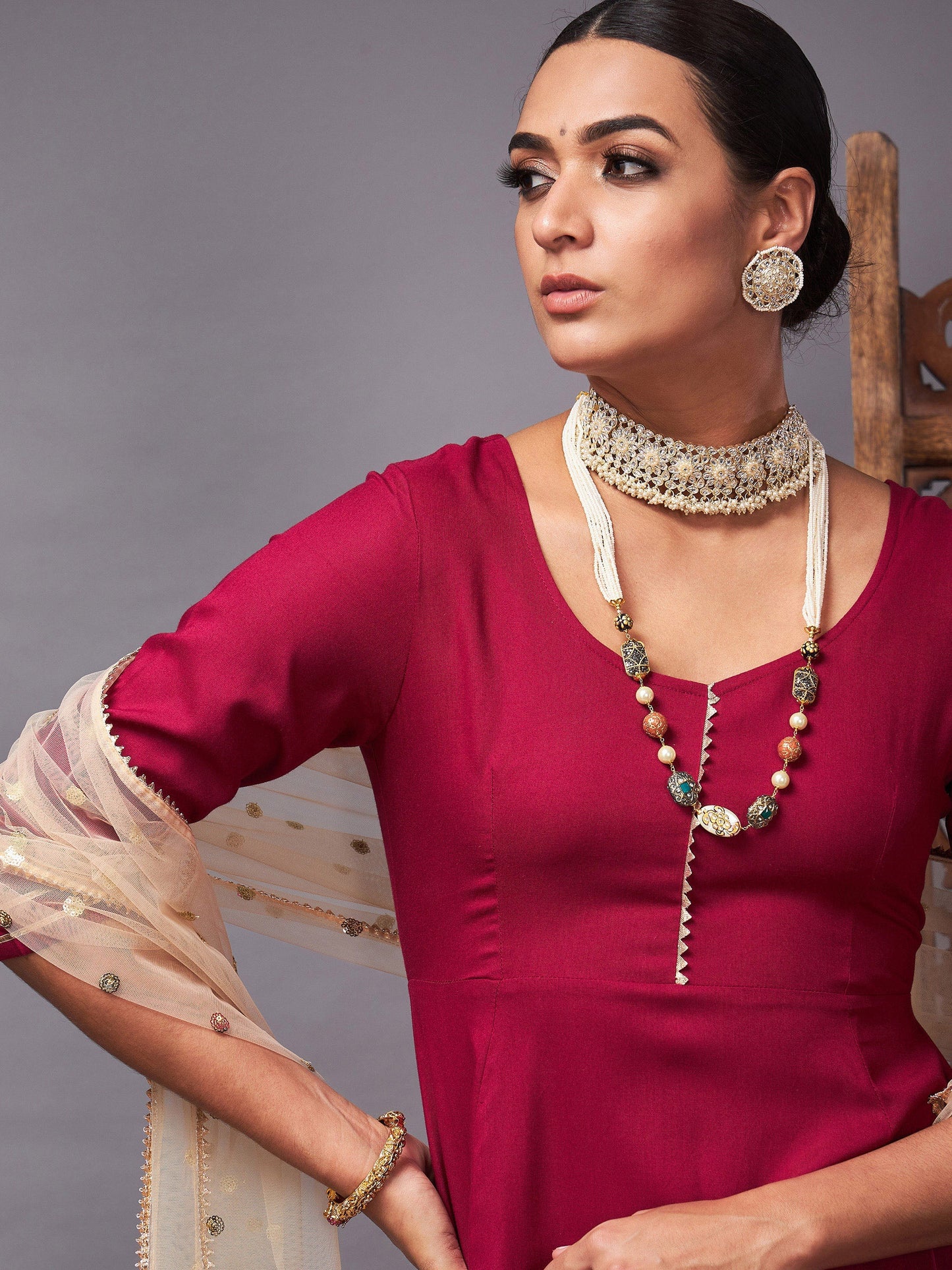 Burgundy Kurta Set With Golden Net Sequins Dupatta