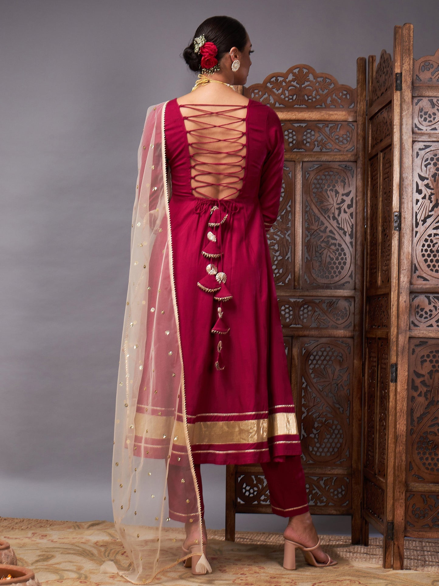 Burgundy Kurta Set With Golden Net Sequins Dupatta