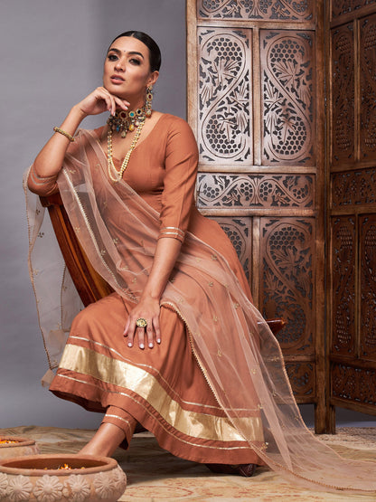 Brown Kurta Set With Net Sequins Dupatta