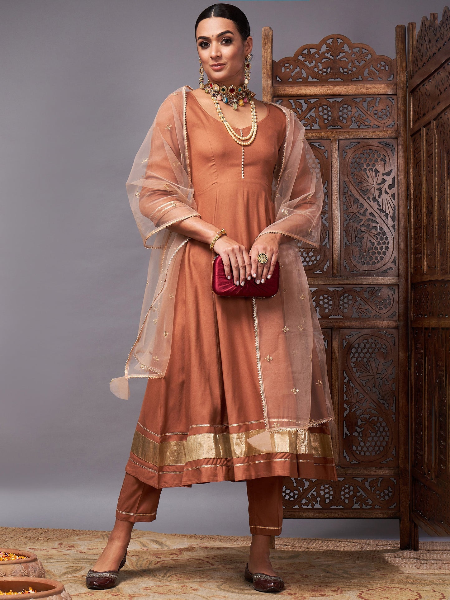 Brown Kurta Set With Net Sequins Dupatta