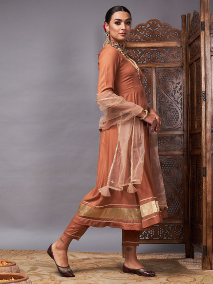 Brown Kurta Set With Net Sequins Dupatta