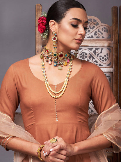 Brown Kurta Set With Net Sequins Dupatta
