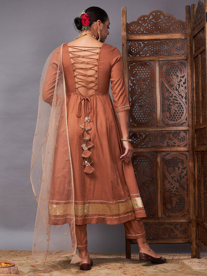 Brown Kurta Set With Net Sequins Dupatta