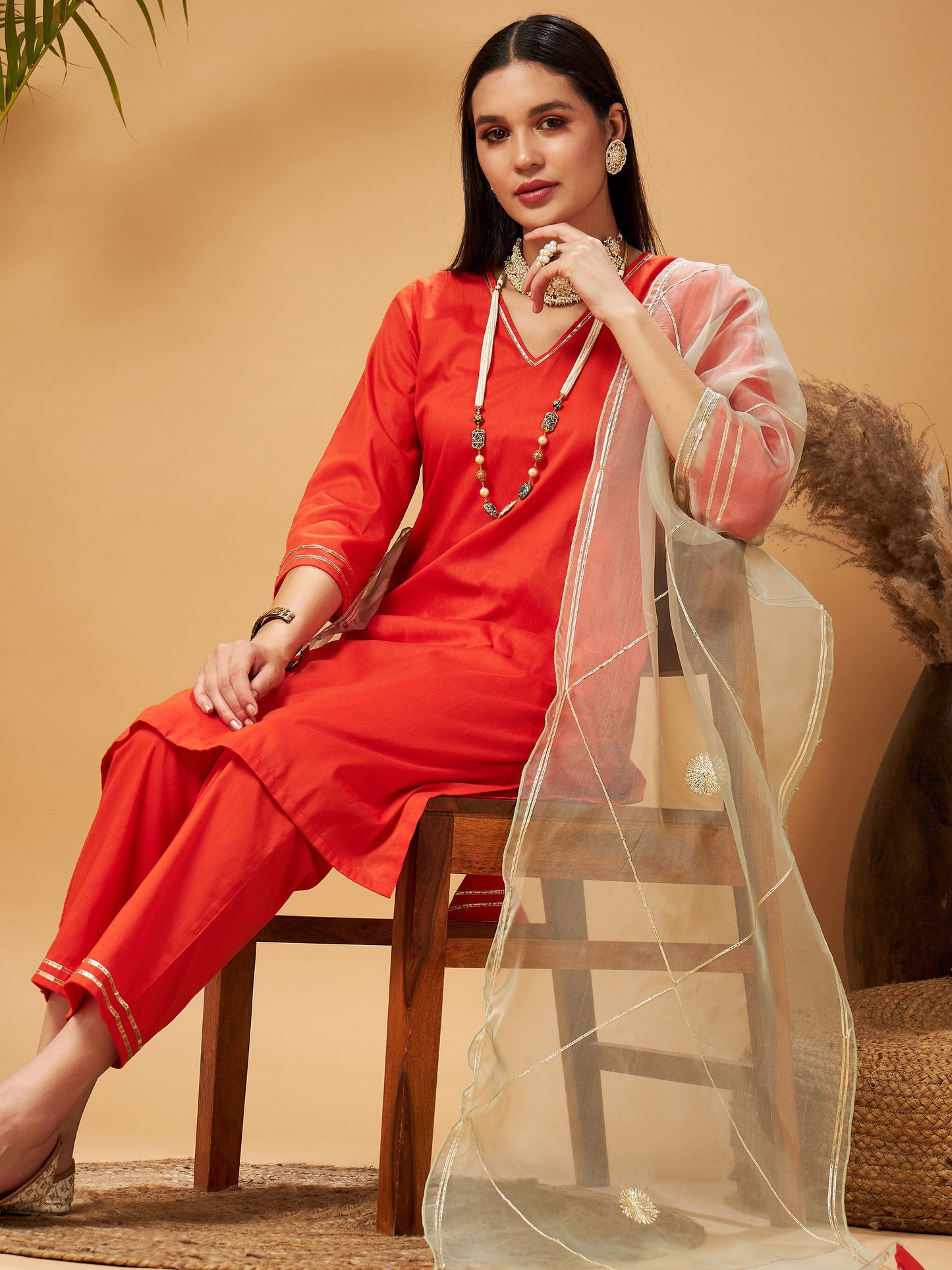 Orange Kurta Set With Olive Organza Dupatta