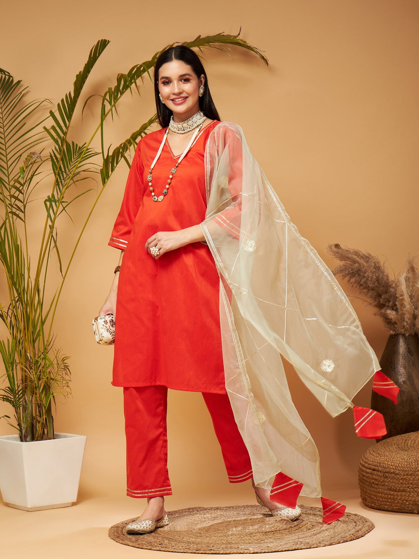 Orange Kurta Set With Olive Organza Dupatta