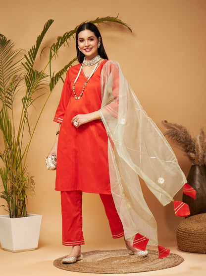 Orange Kurta Set With Olive Organza Dupatta