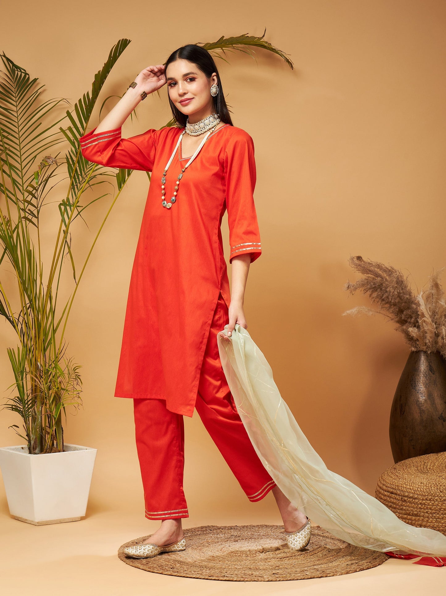 Orange Kurta Set With Olive Organza Dupatta