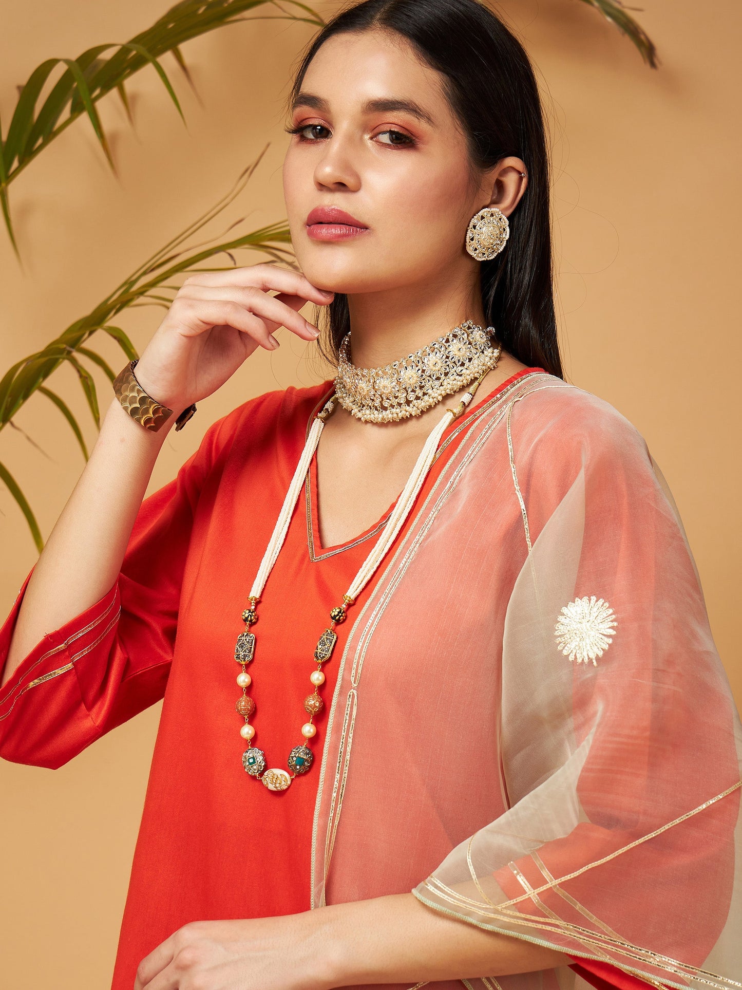 Orange Kurta Set With Olive Organza Dupatta