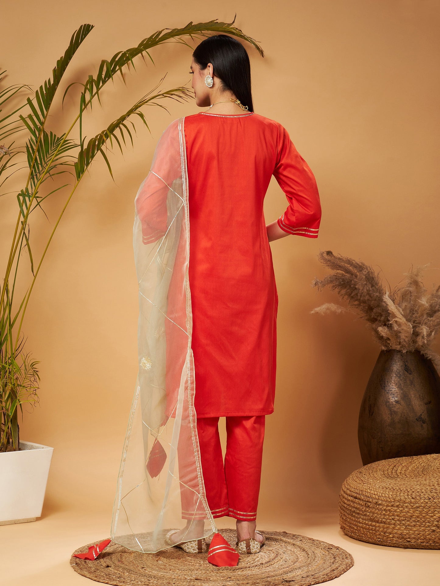Orange Kurta Set With Olive Organza Dupatta