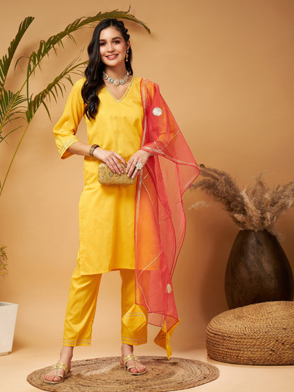 Yellow Kurta Set With Rust Organza Dupatta