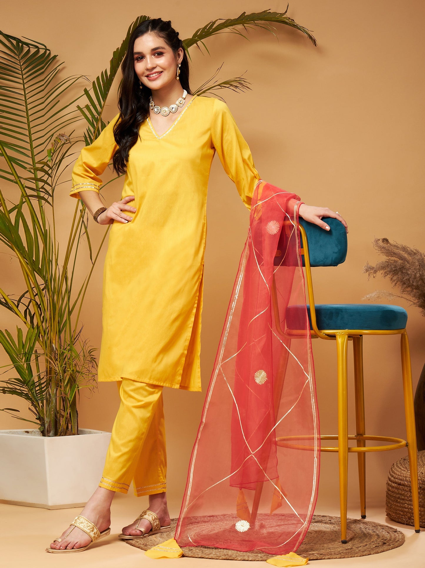 Yellow Kurta Set With Rust Organza Dupatta