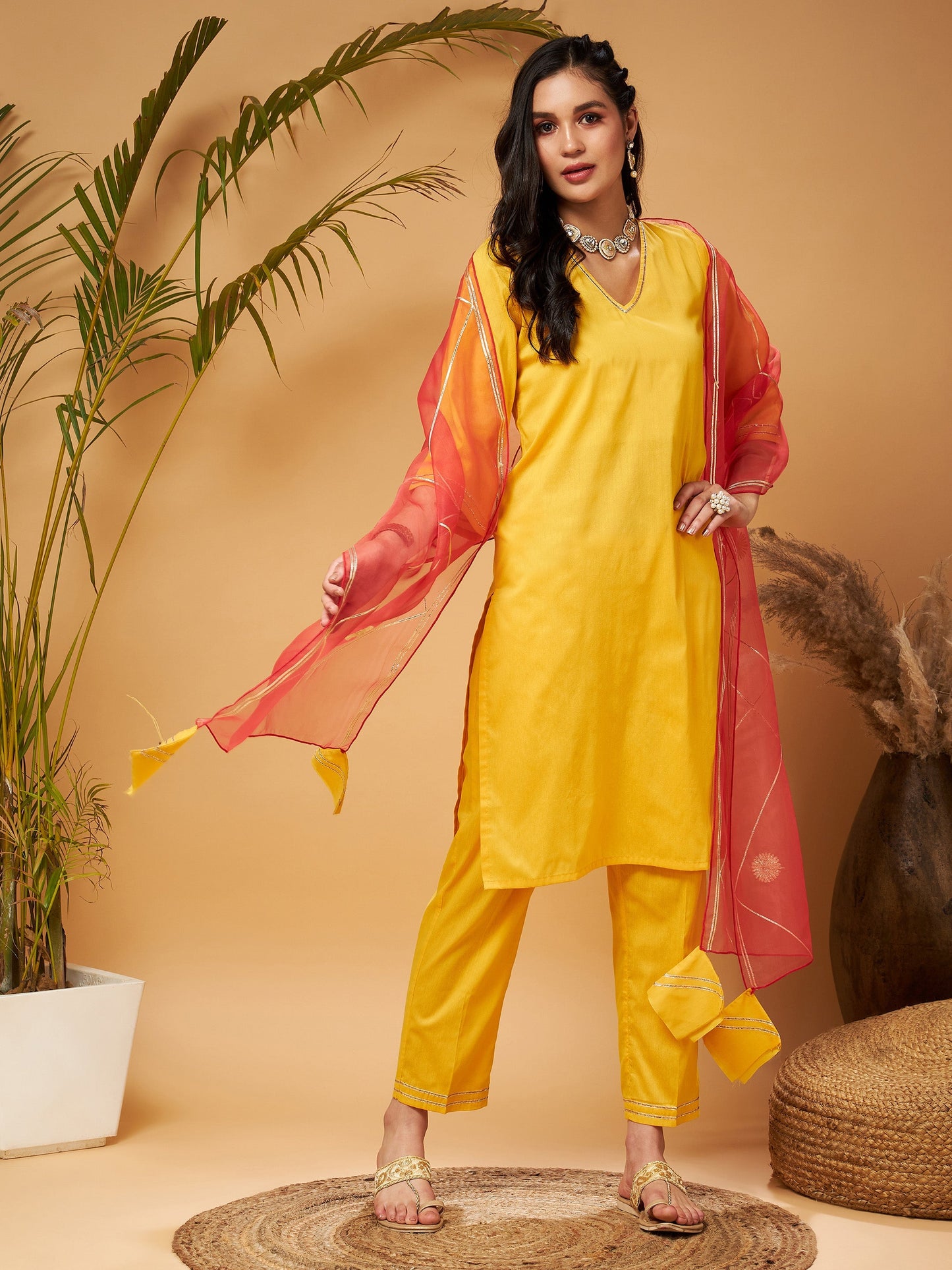 Yellow Kurta Set With Rust Organza Dupatta