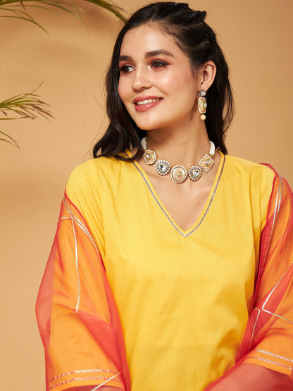 Yellow Kurta Set With Rust Organza Dupatta
