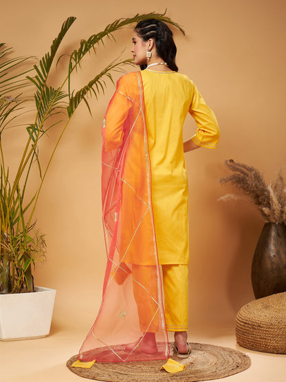 Yellow Kurta Set With Rust Organza Dupatta
