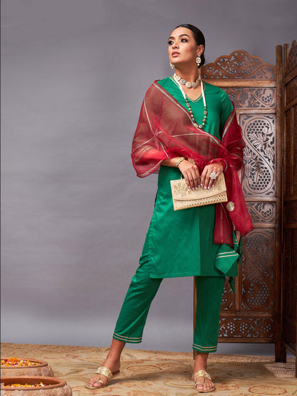 Green Kurta Set With Maroon Organza Dupatta