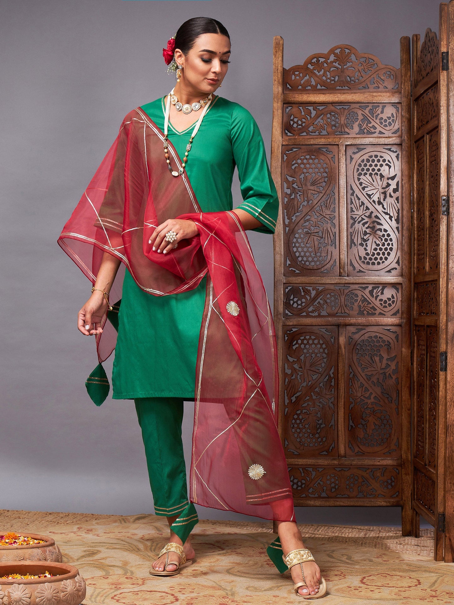 Green Kurta Set With Maroon Organza Dupatta