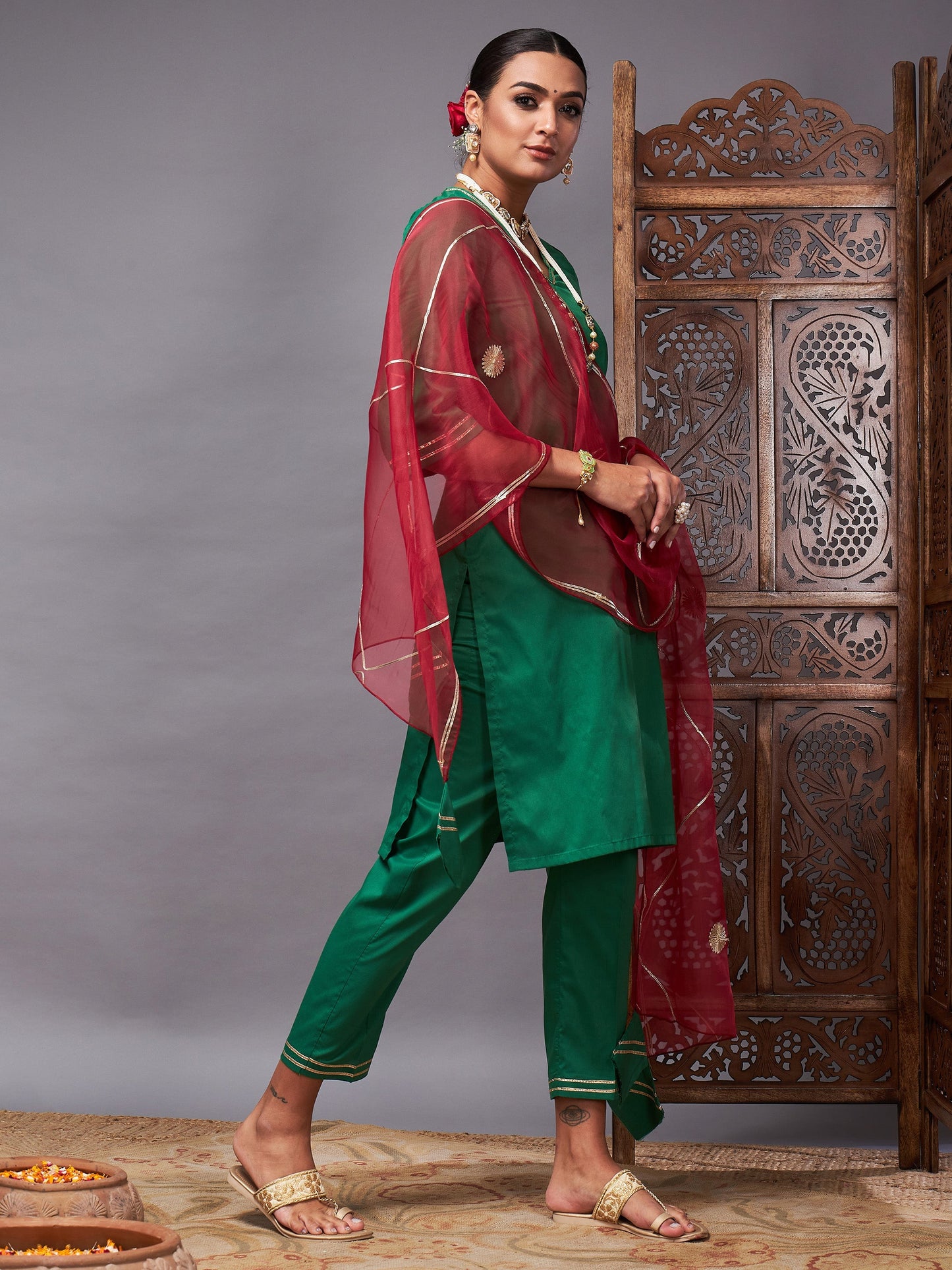 Green Kurta Set With Maroon Organza Dupatta