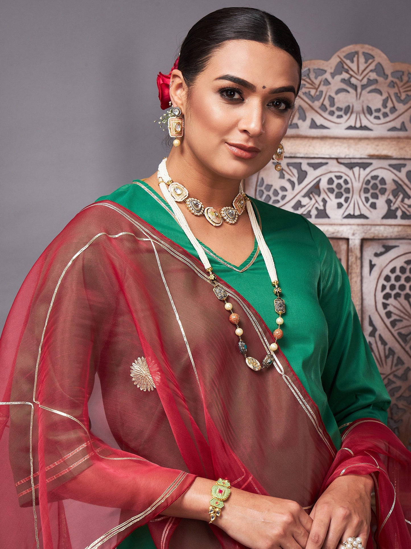Green Kurta Set With Maroon Organza Dupatta