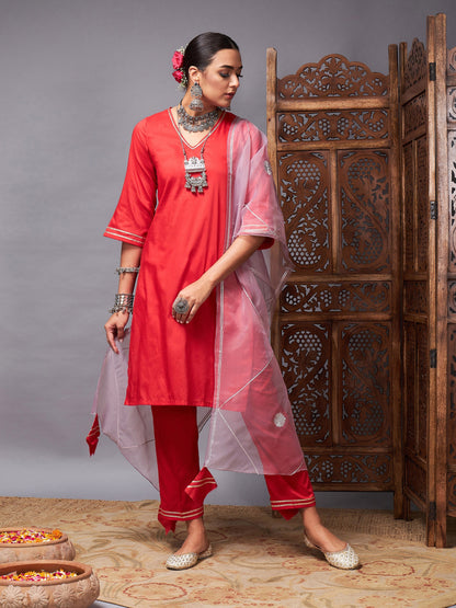 Red Kurta Set With Lilac Organza Dupatta
