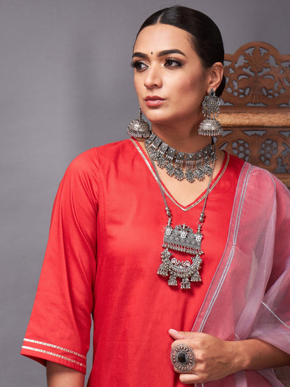 Red Kurta Set With Lilac Organza Dupatta