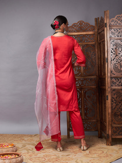 Red Kurta Set With Lilac Organza Dupatta
