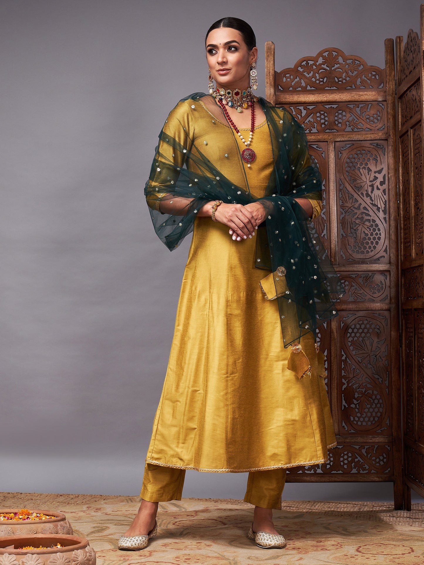 Mustard Kurta Set With Green Net Sequins Dupatta