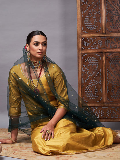 Mustard Kurta Set With Green Net Sequins Dupatta